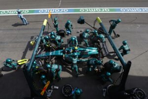 Fernando Alonso, Aston Martin AMR23, makes a pit stop