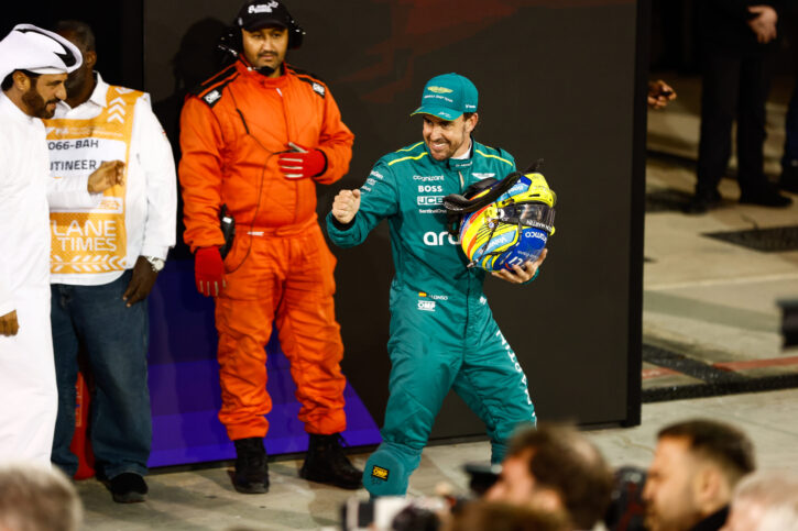 Fernando Alonso, Aston Martin F1 Team, in Parc Ferme after Qualifying