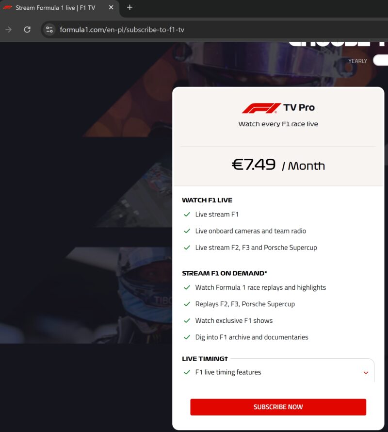 subskrypcja F1 TV Pro na miesiąc
